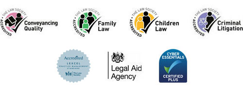 The Law Society Accredited Conveyancing Quality, The Law Society Accredited Family Law, The Law Society Accredited Criminal Litigation, Lexcel Legal Practice Quality Mark - Law Society Accredited, Legal Aid Agency, Cyber Essentials