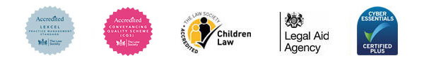 Lexcel Legal Practice Quality Mark - Law Society Accredited, The Law Society Accredited Conveyancing Quality, The Law Society Accredited Children Law, Legal Aid Agency, Cyber Essentials Plus