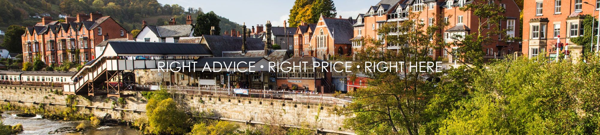 Right Advice • Right Price • Right Here tagline with Wrexham and North Wales scenery backdrop